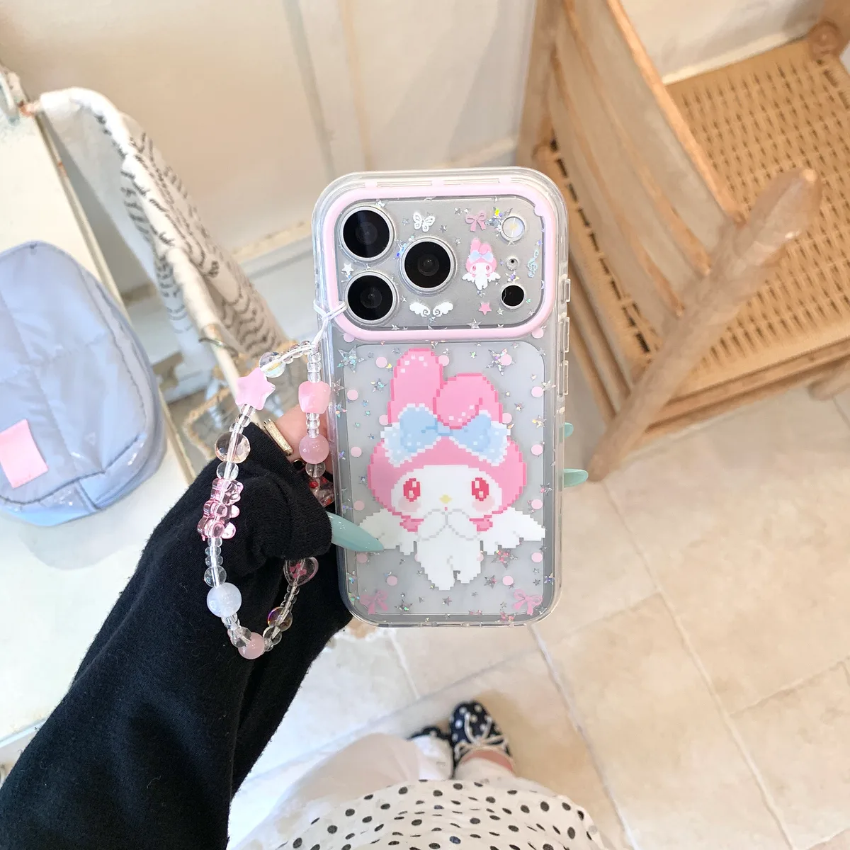 My Melody Clear Glitter Pink Bow with Beaded Strap Phone Case for iPhone 17 16 15 Pro Max