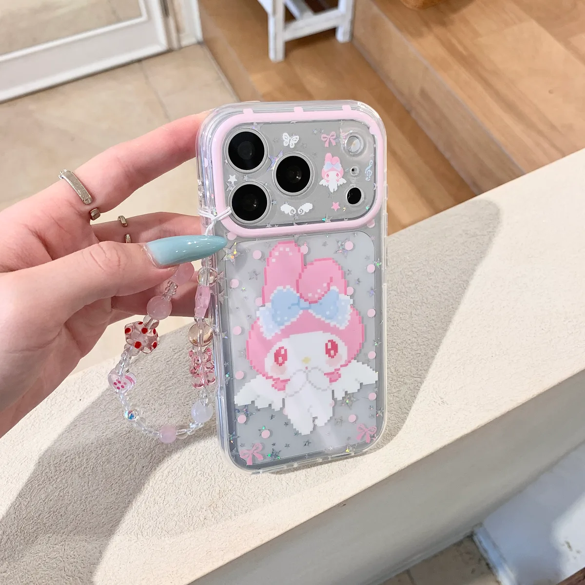 My Melody Clear Glitter Pink Bow with Beaded Strap Phone Case for iPhone 17 16 15 Pro Max