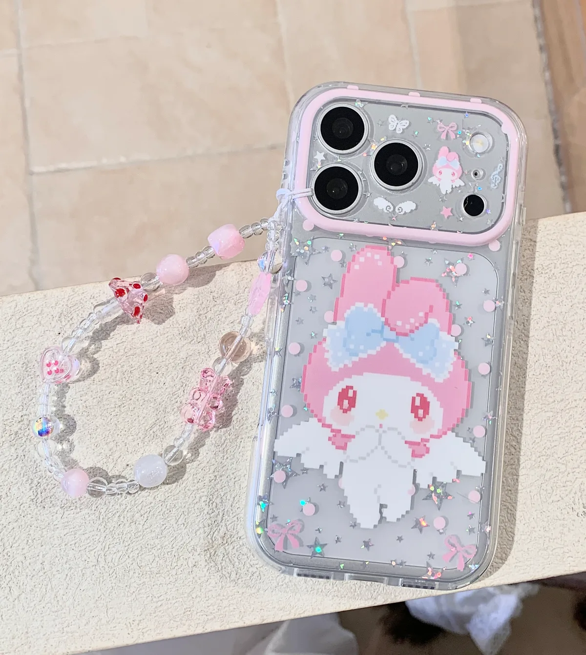 My Melody Clear Glitter Pink Bow with Beaded Strap Phone Case for iPhone 17 16 15 Pro Max