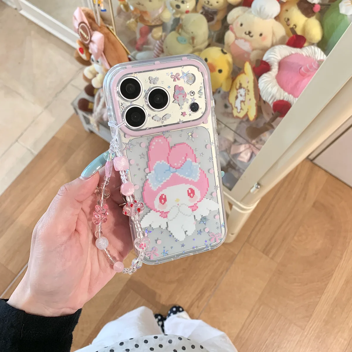 My Melody Clear Glitter Pink Bow with Beaded Strap Phone Case for iPhone 17 16 15 Pro Max