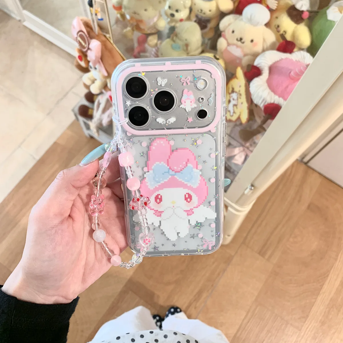 My Melody Clear Glitter Pink Bow with Beaded Strap Phone Case for iPhone 17 16 15 Pro Max