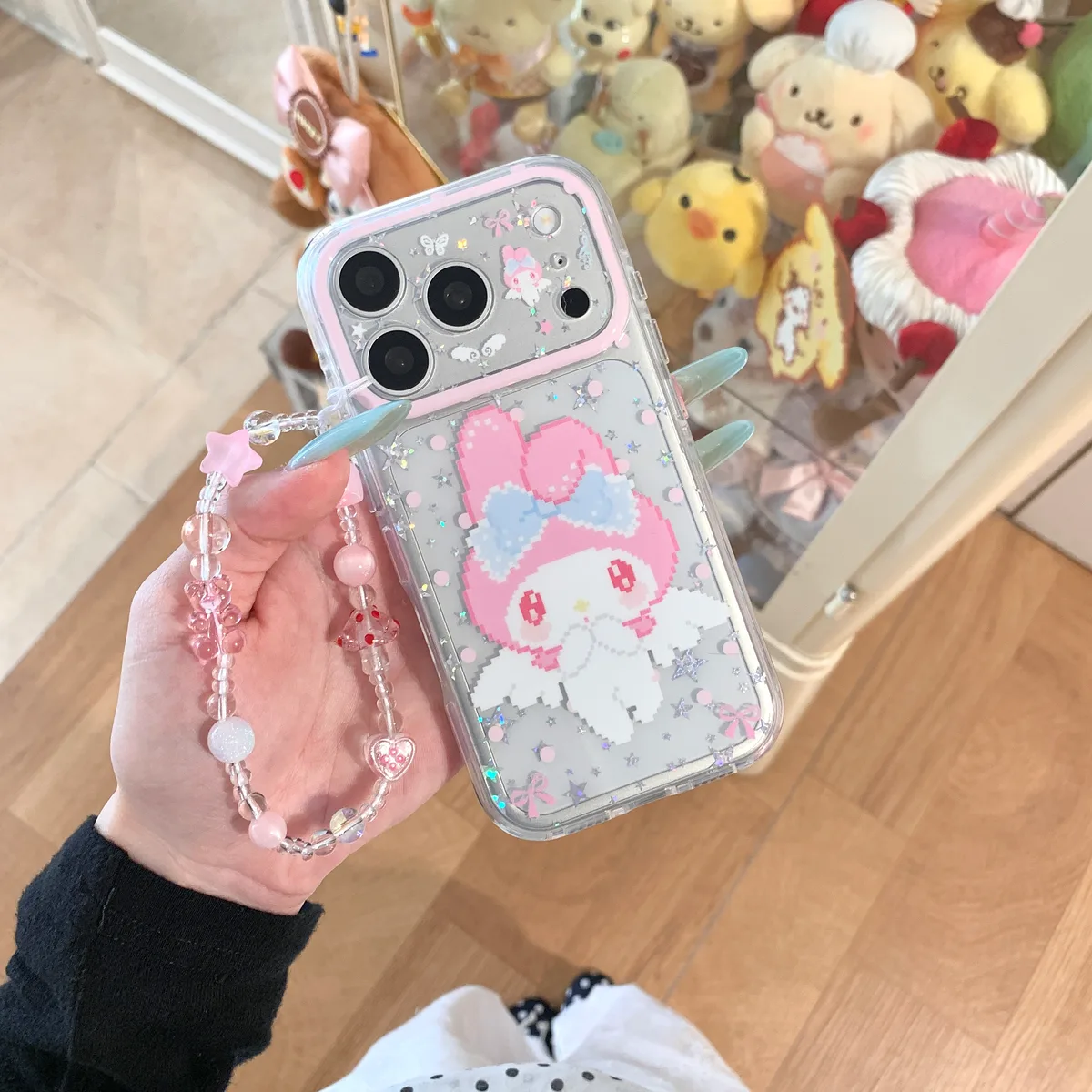 My Melody Clear Glitter Pink Bow with Beaded Strap Phone Case for iPhone 17 16 15 Pro Max