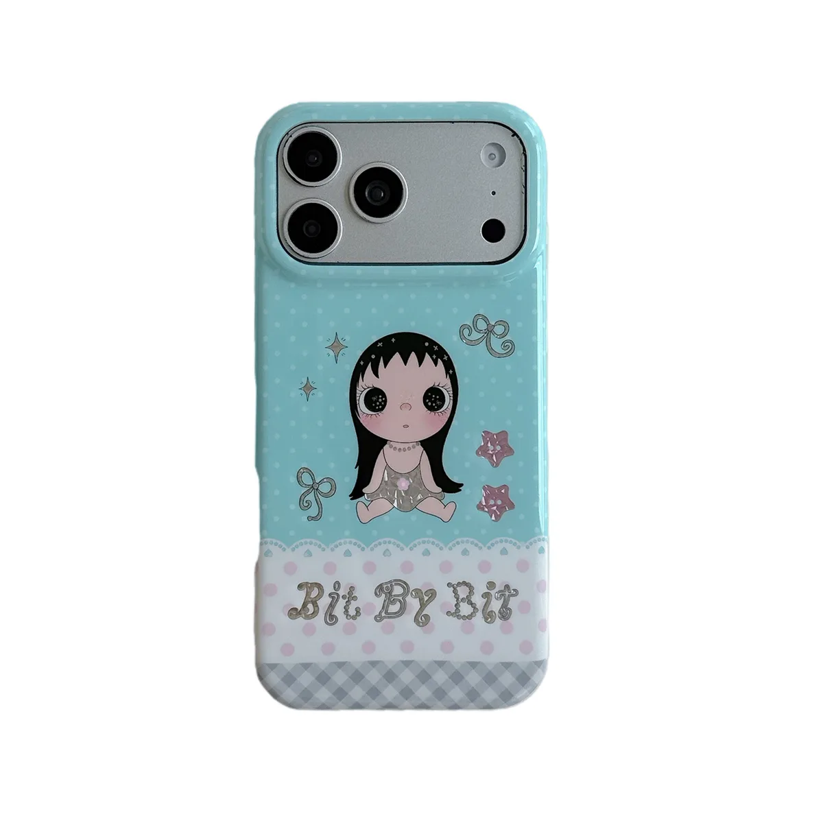 Pastel blue phone case with a cute doll illustration, sparkly accents, and Bit By Bit text