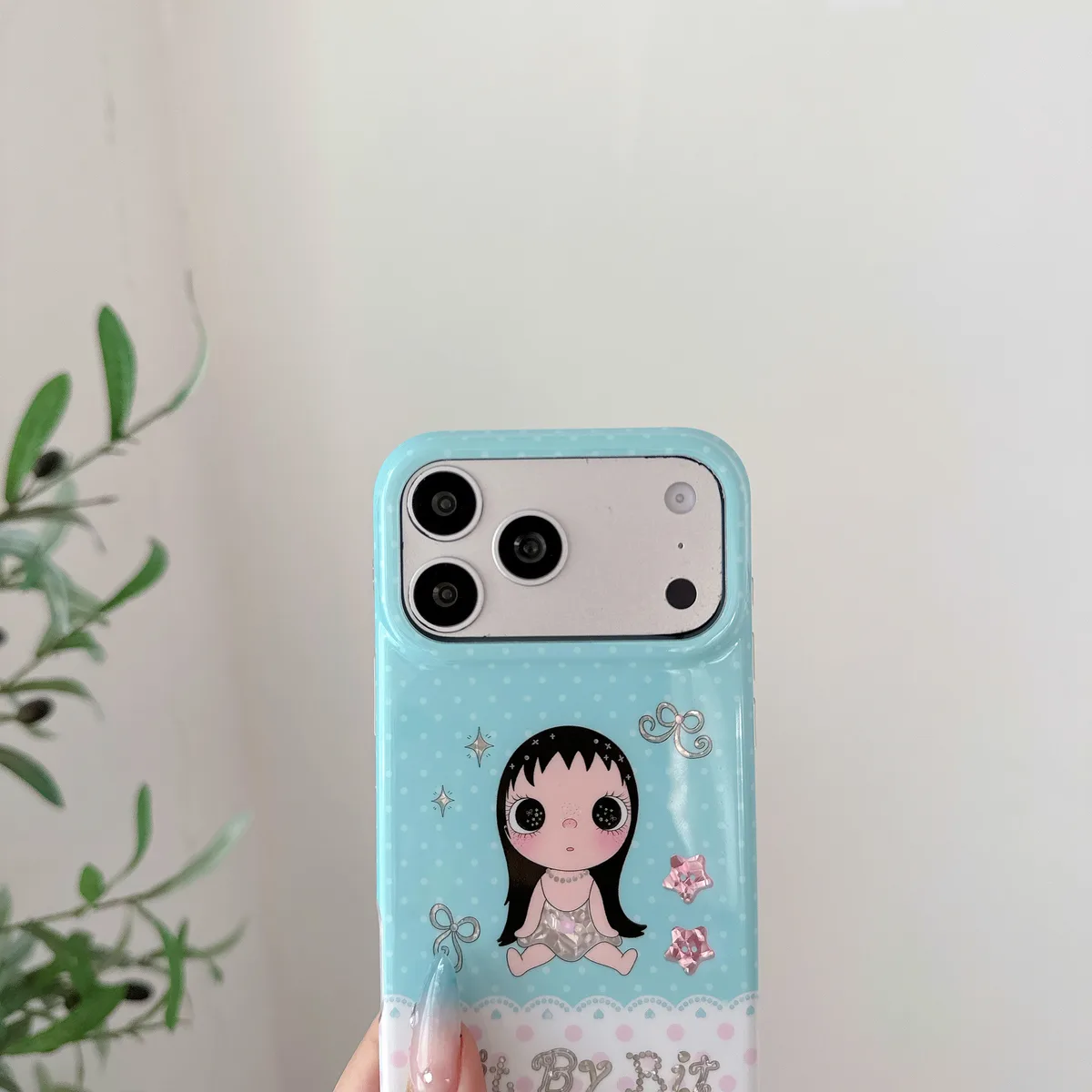 Kawaii Bit By Bit phone case with cute doll print and pastel blue design for iPhone 17 16 15 Pro Max