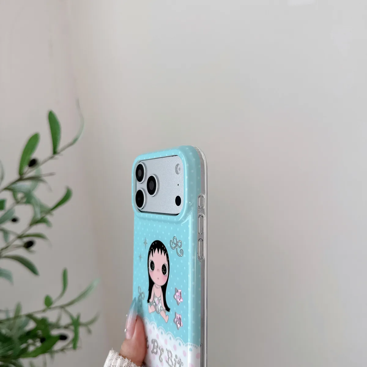 Kawaii Bit By Bit phone case with cute doll print and pastel blue design for iPhone 17 16 15 Pro Max