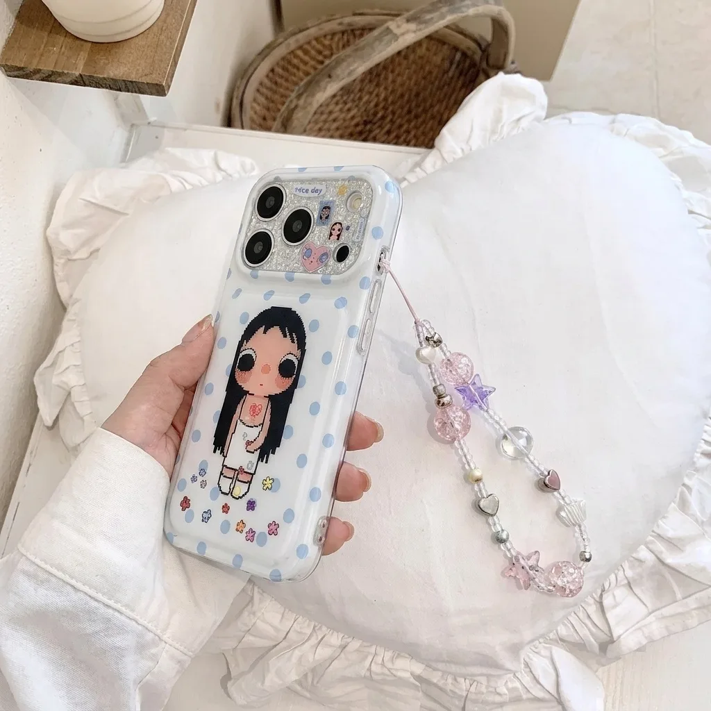 Clear phone case with a pixel girl, blue polka dots, floral accents, and a beaded charm
