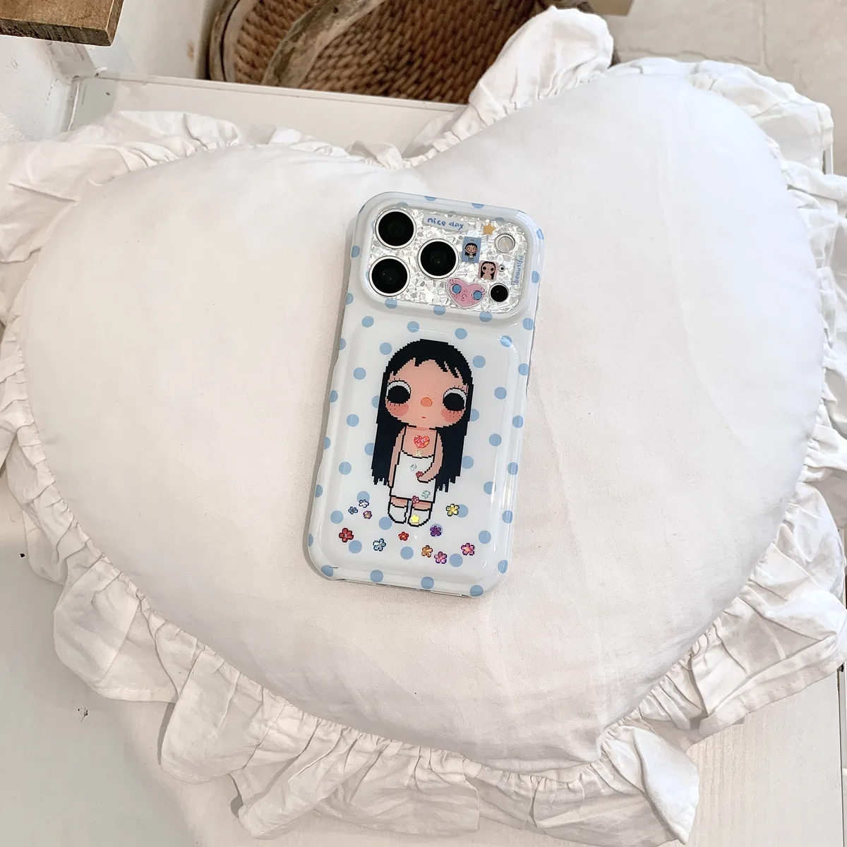 Kawaii pixel girl clear phone case with pastel polka dots and charm for iPhone 17 16 15 Pro Max