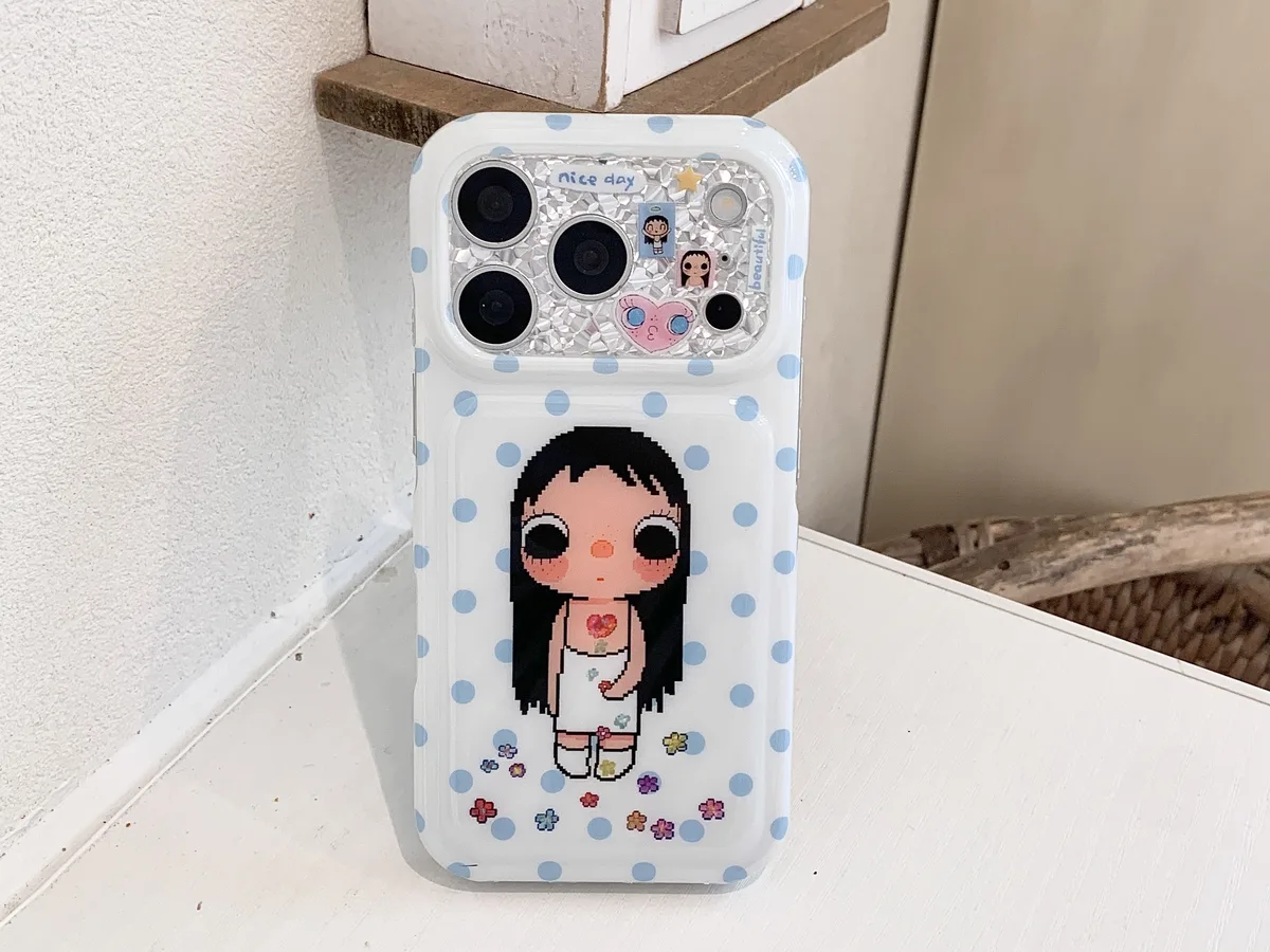 Kawaii pixel girl clear phone case with pastel polka dots and charm for iPhone 17 16 15 Pro Max