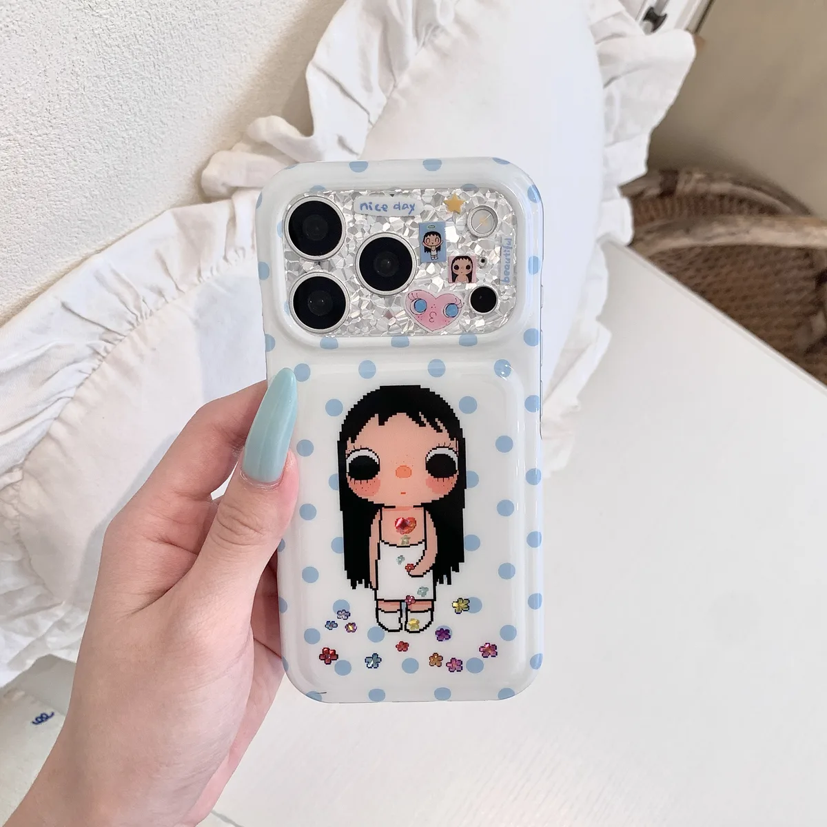 Kawaii pixel girl clear phone case with pastel polka dots and charm for iPhone 17 16 15 Pro Max