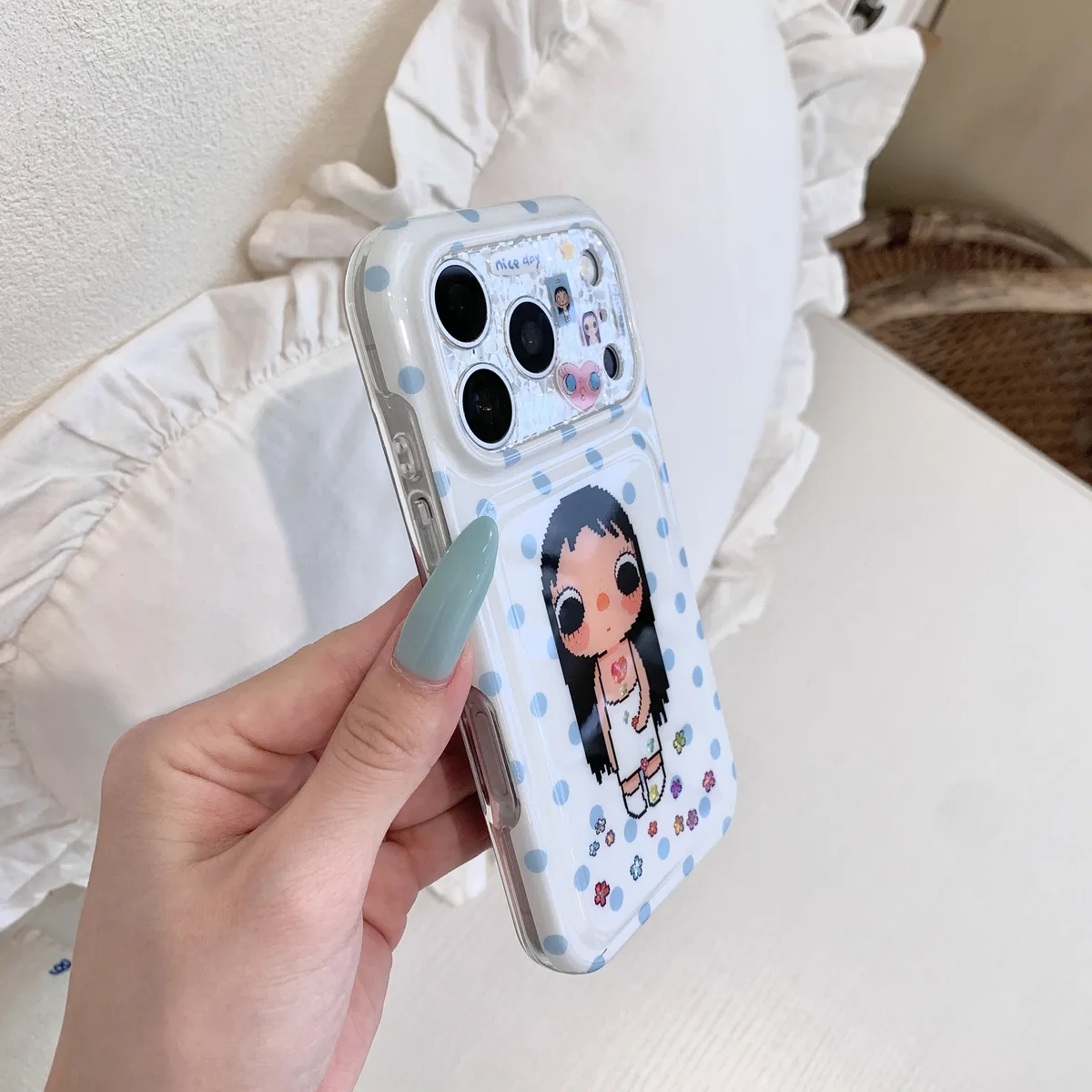 Kawaii pixel girl clear phone case with pastel polka dots and charm for iPhone 17 16 15 Pro Max