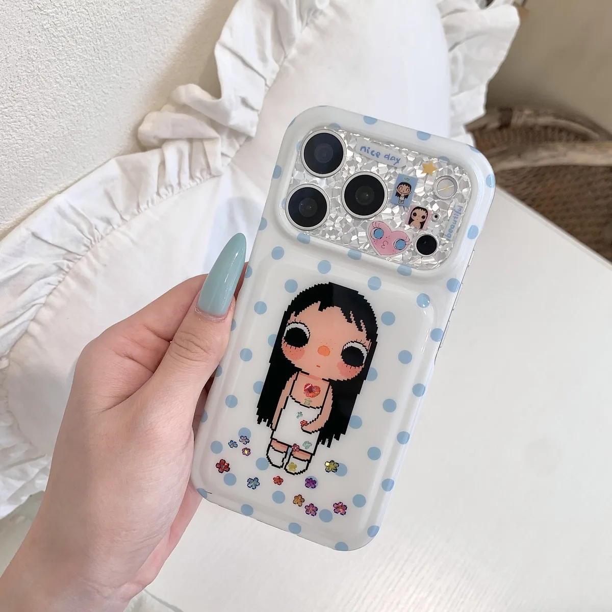 Kawaii pixel girl clear phone case with pastel polka dots and charm for iPhone 17 16 15 Pro Max