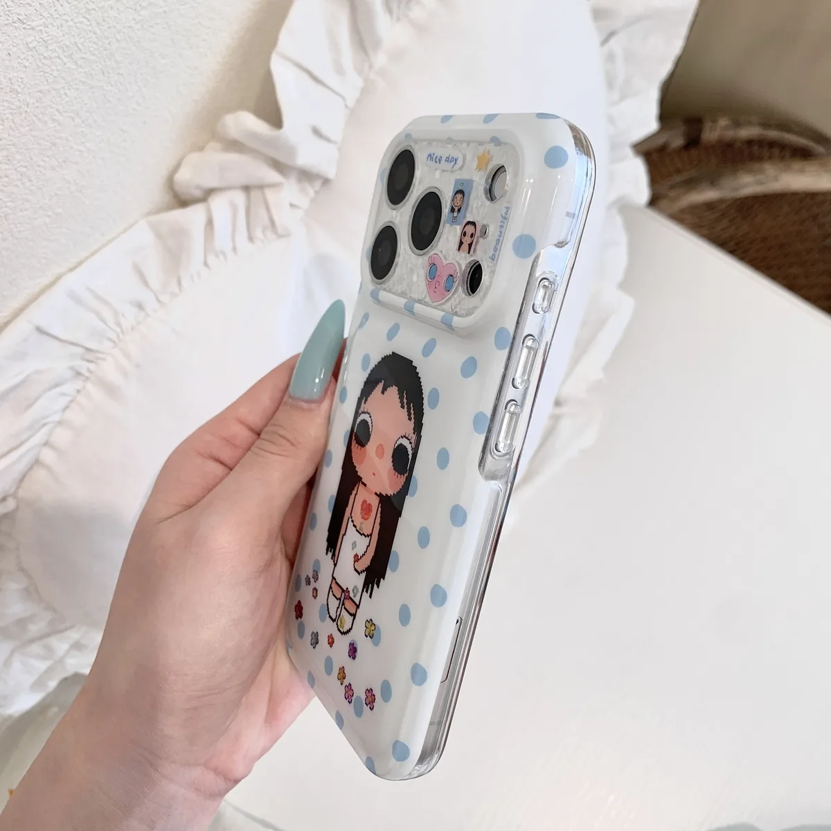 Kawaii pixel girl clear phone case with pastel polka dots and charm for iPhone 17 16 15 Pro Max