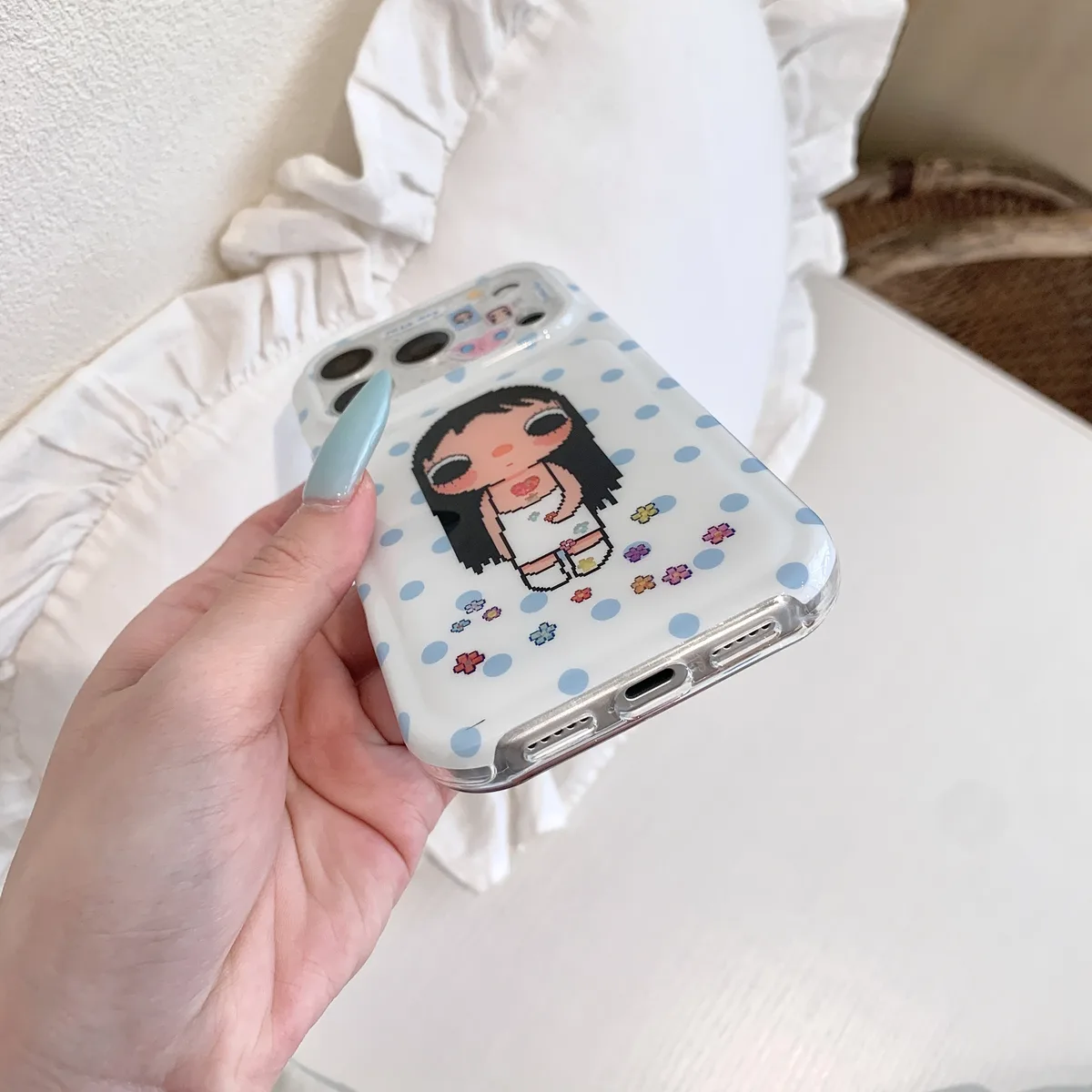 Kawaii pixel girl clear phone case with pastel polka dots and charm for iPhone 17 16 15 Pro Max