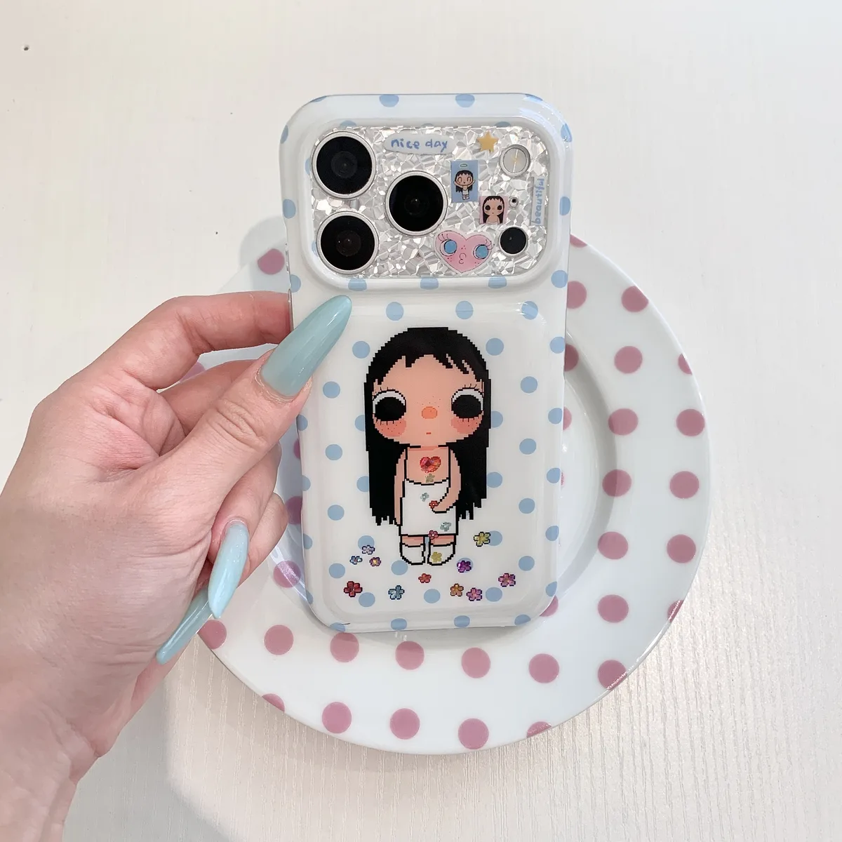 Kawaii pixel girl clear phone case with pastel polka dots and charm for iPhone 17 16 15 Pro Max
