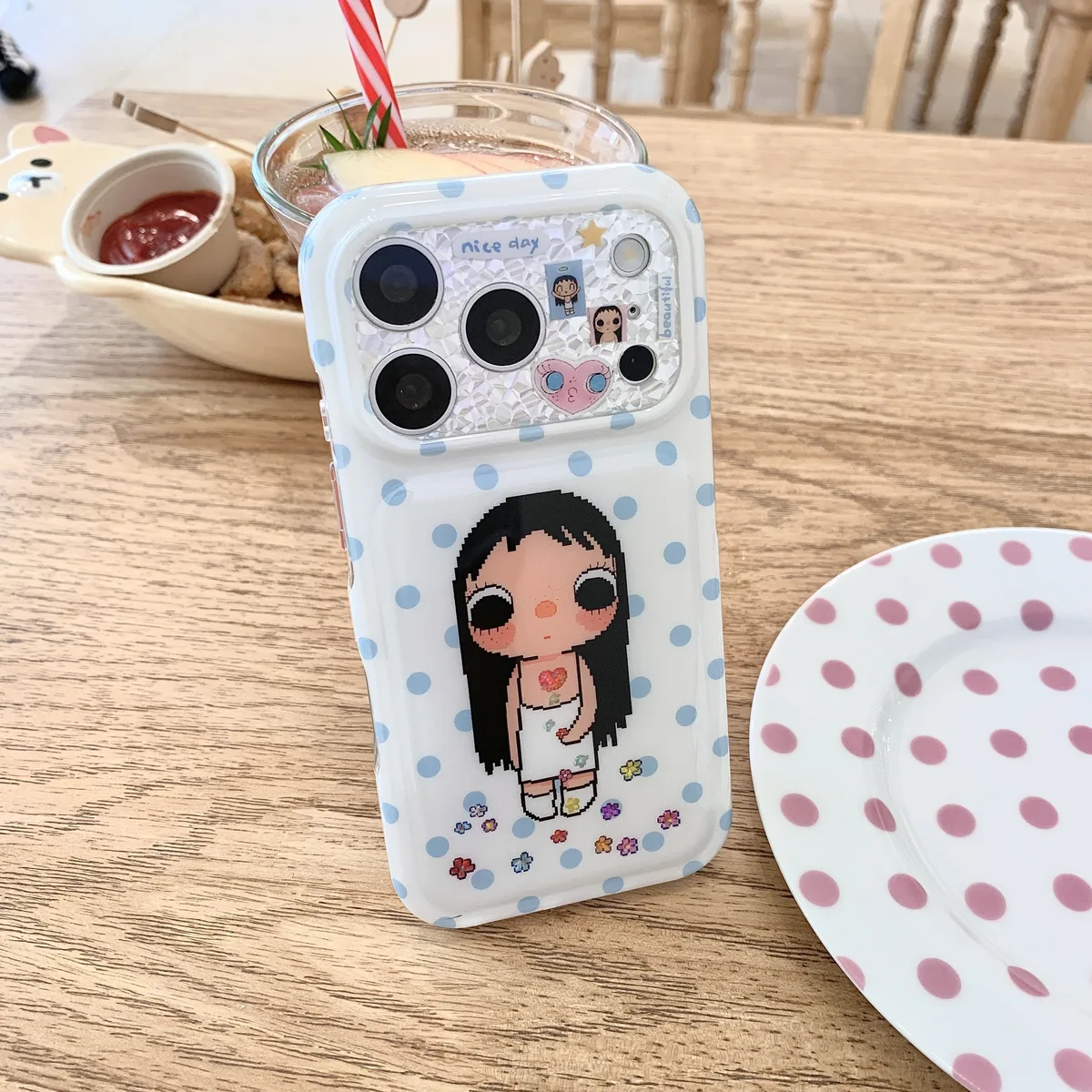 Kawaii pixel girl clear phone case with pastel polka dots and charm for iPhone 17 16 15 Pro Max