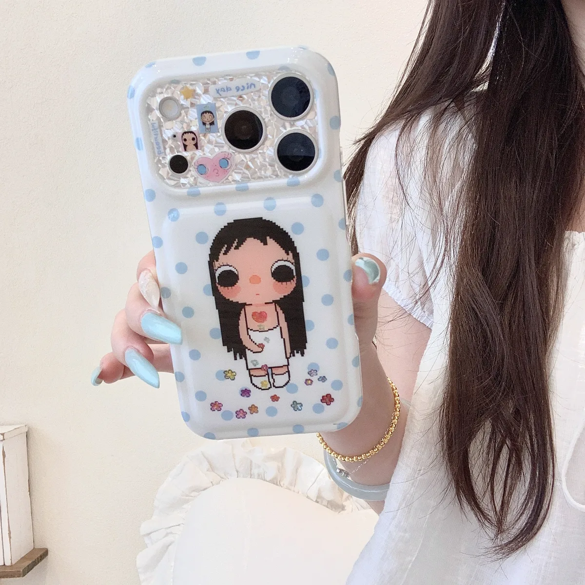 Kawaii pixel girl clear phone case with pastel polka dots and charm for iPhone 17 16 15 Pro Max