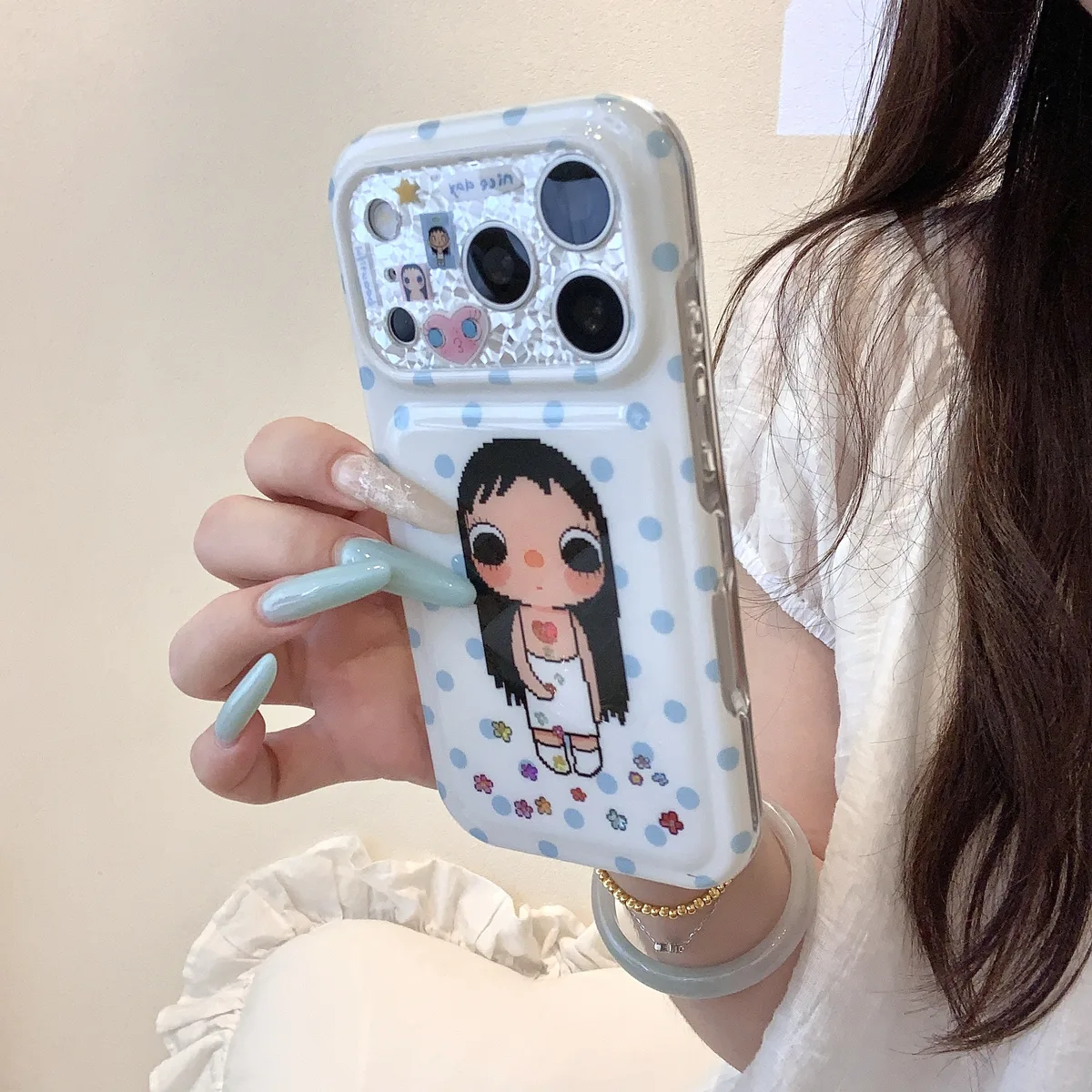 Kawaii pixel girl clear phone case with pastel polka dots and charm for iPhone 17 16 15 Pro Max