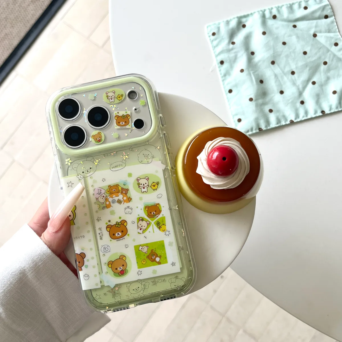 Rilakkuma Clear Phone Case with Card Slot & Beaded Strap for iPhone 17 16 15 Pro Max