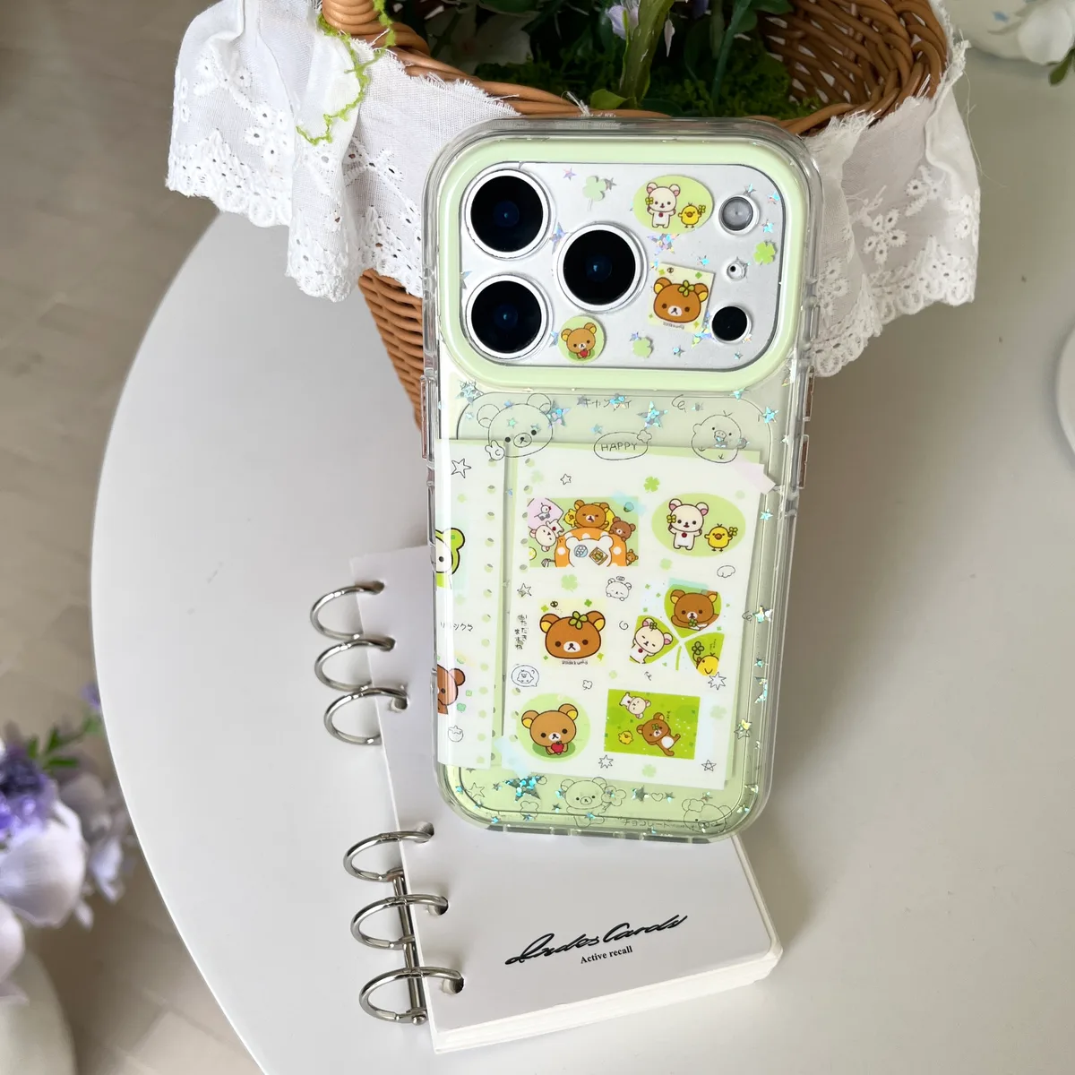 Rilakkuma Clear Phone Case with Card Slot & Beaded Strap for iPhone 17 16 15 Pro Max