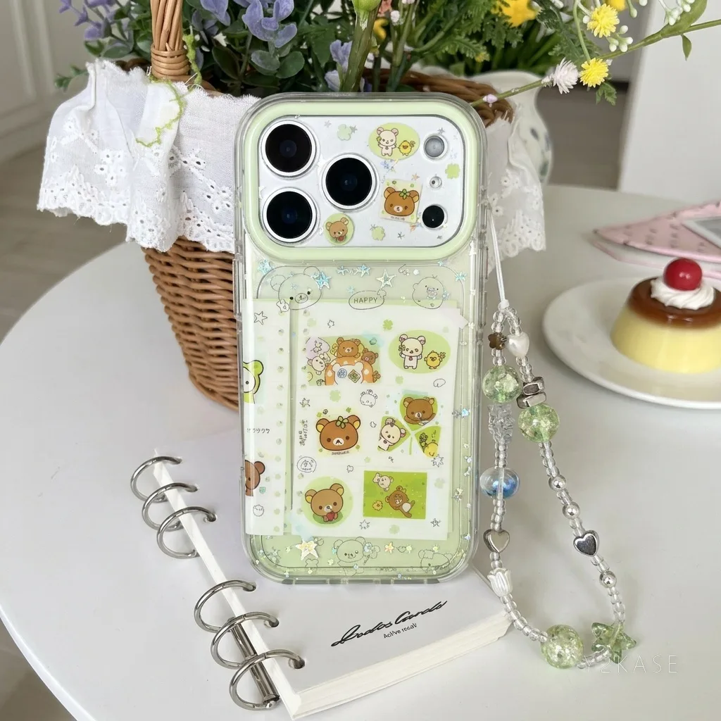 Rilakkuma Clear Phone Case with Card Slot & Beaded Strap for iPhone 17 16 15 Pro Max