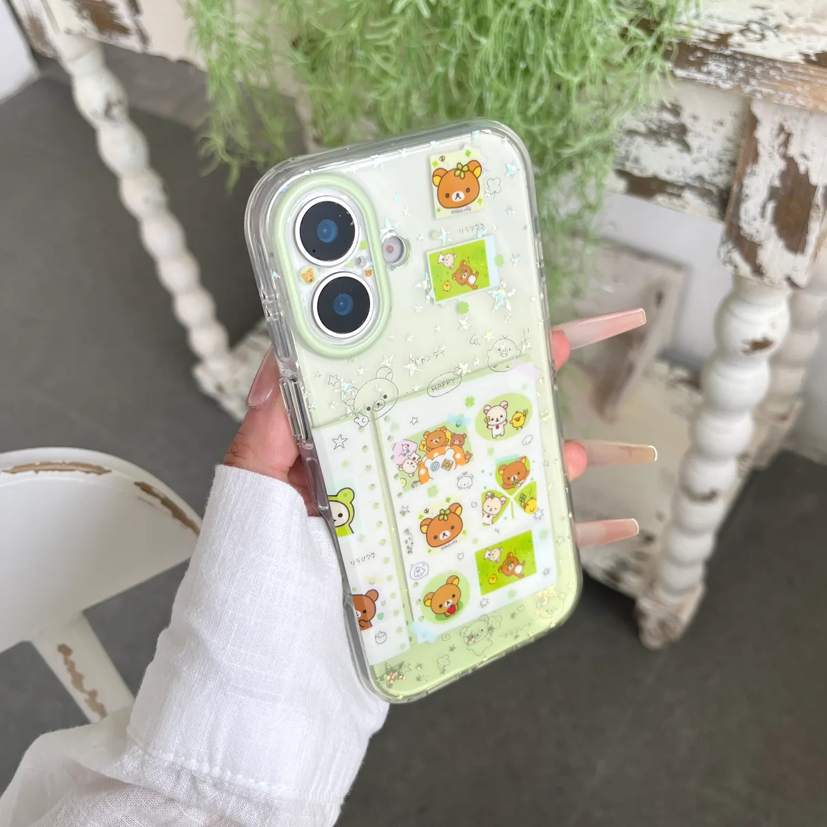 Rilakkuma Clear Phone Case with Card Slot & Beaded Strap for iPhone 17 16 15 Pro Max