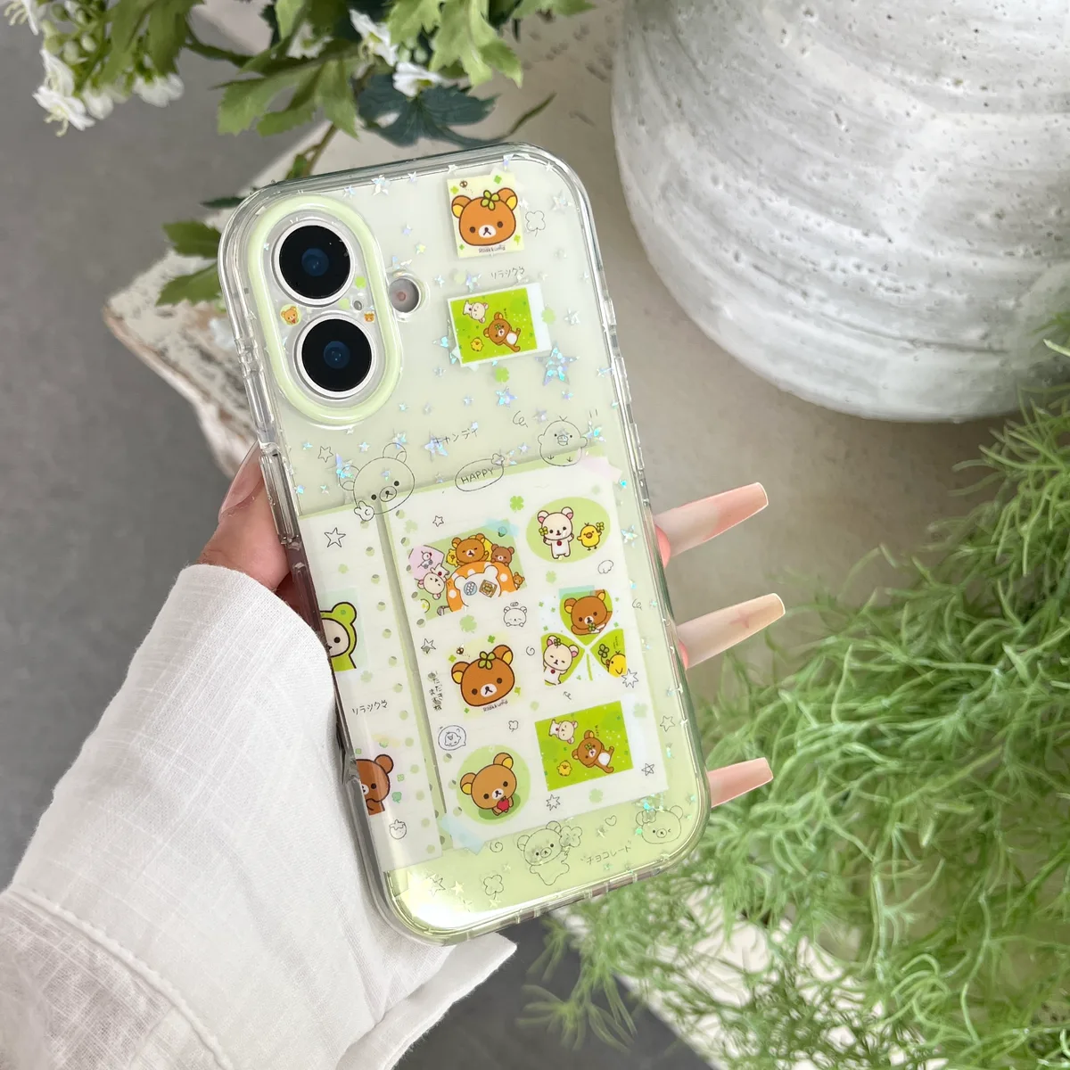 Rilakkuma Clear Phone Case with Card Slot & Beaded Strap for iPhone 17 16 15 Pro Max