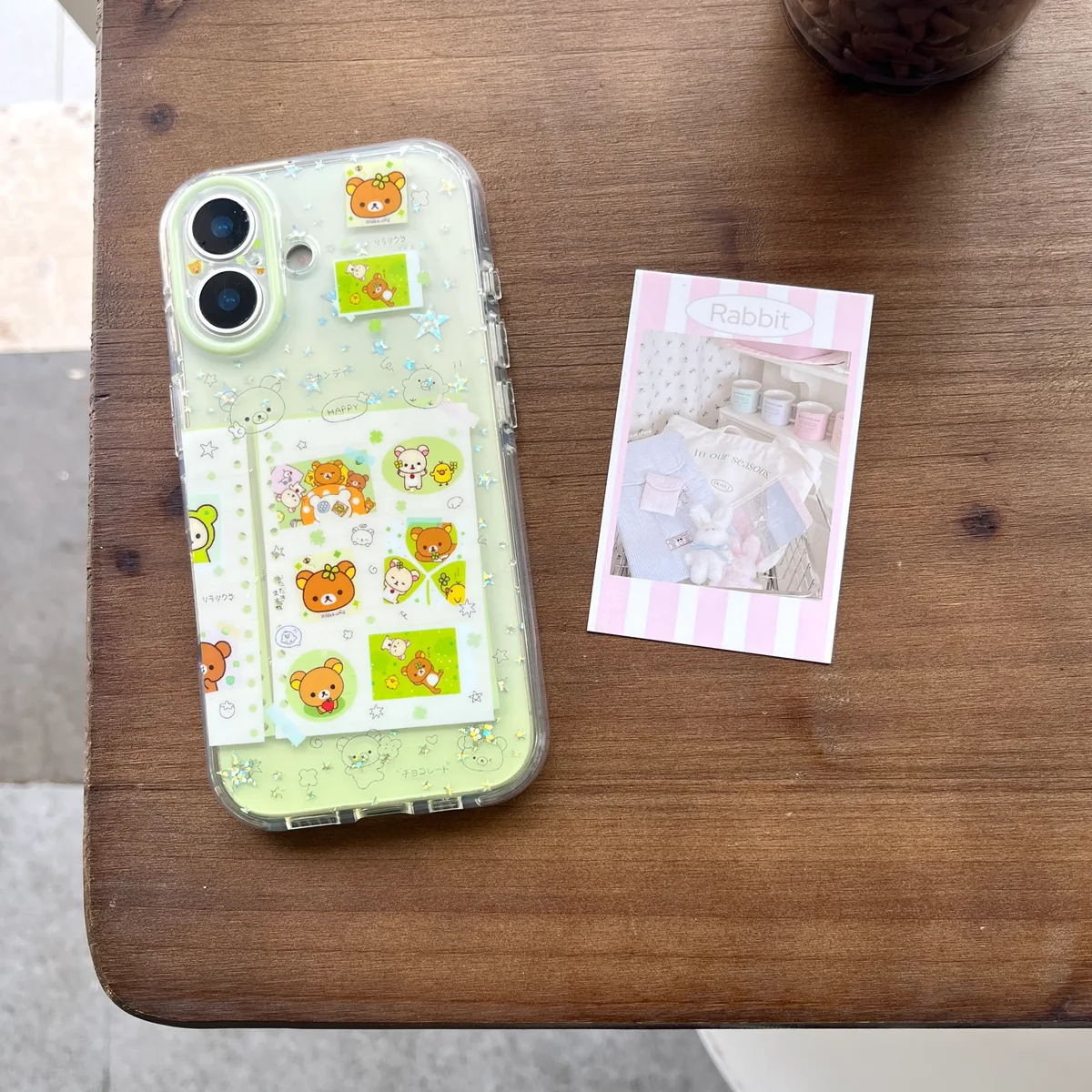 Rilakkuma Clear Phone Case with Card Slot & Beaded Strap for iPhone 17 16 15 Pro Max
