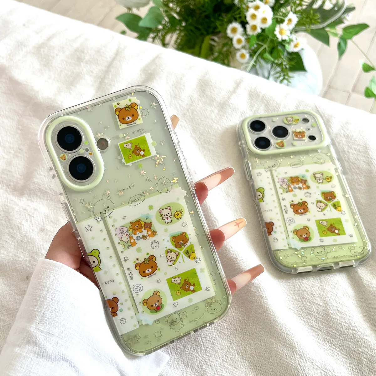 Rilakkuma Clear Phone Case with Card Slot & Beaded Strap for iPhone 17 16 15 Pro Max