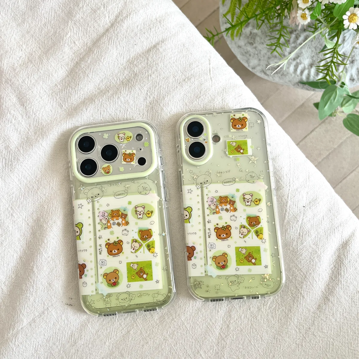 Rilakkuma Clear Phone Case with Card Slot & Beaded Strap for iPhone 17 16 15 Pro Max
