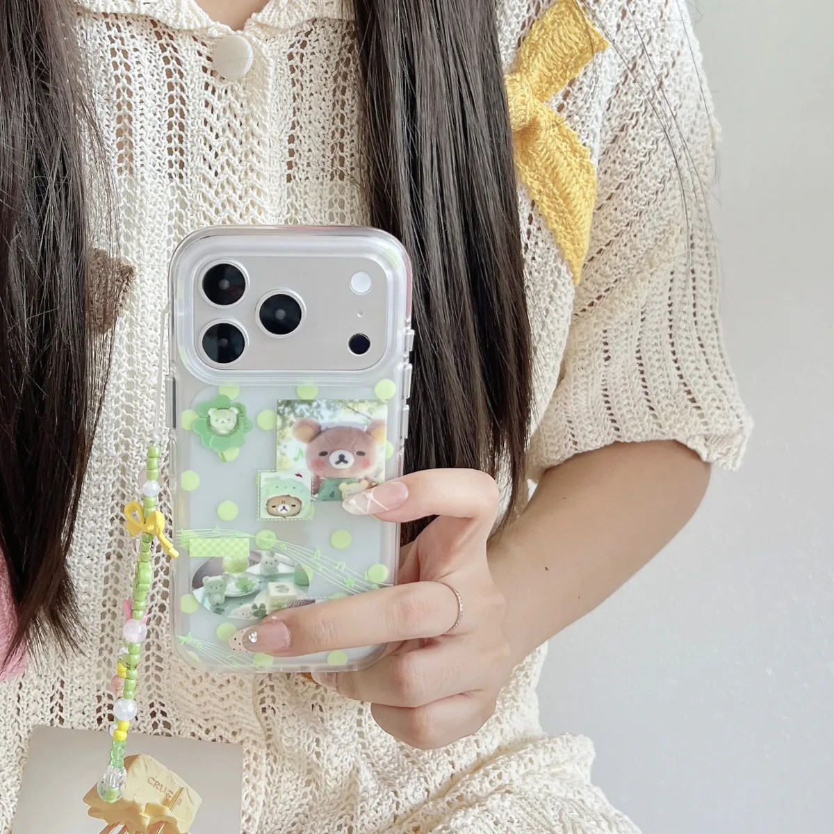 Green Polka Dot Bear & Music Notes Phone Case for iPhone 17 16 15 Pro Max