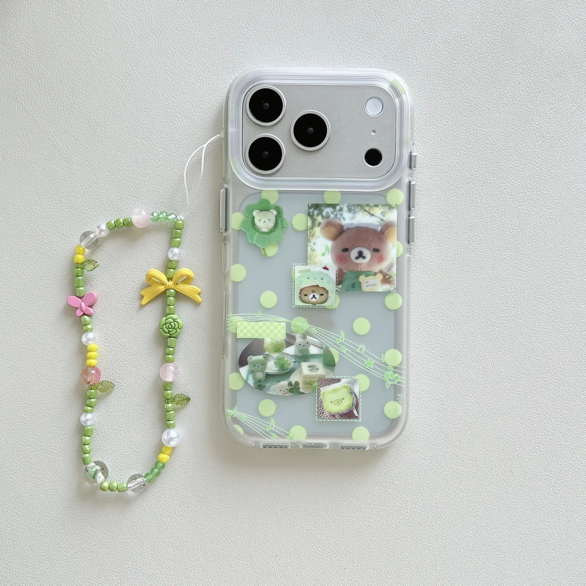 Green Polka Dot Bear & Music Notes Phone Case for iPhone 17 16 15 Pro Max