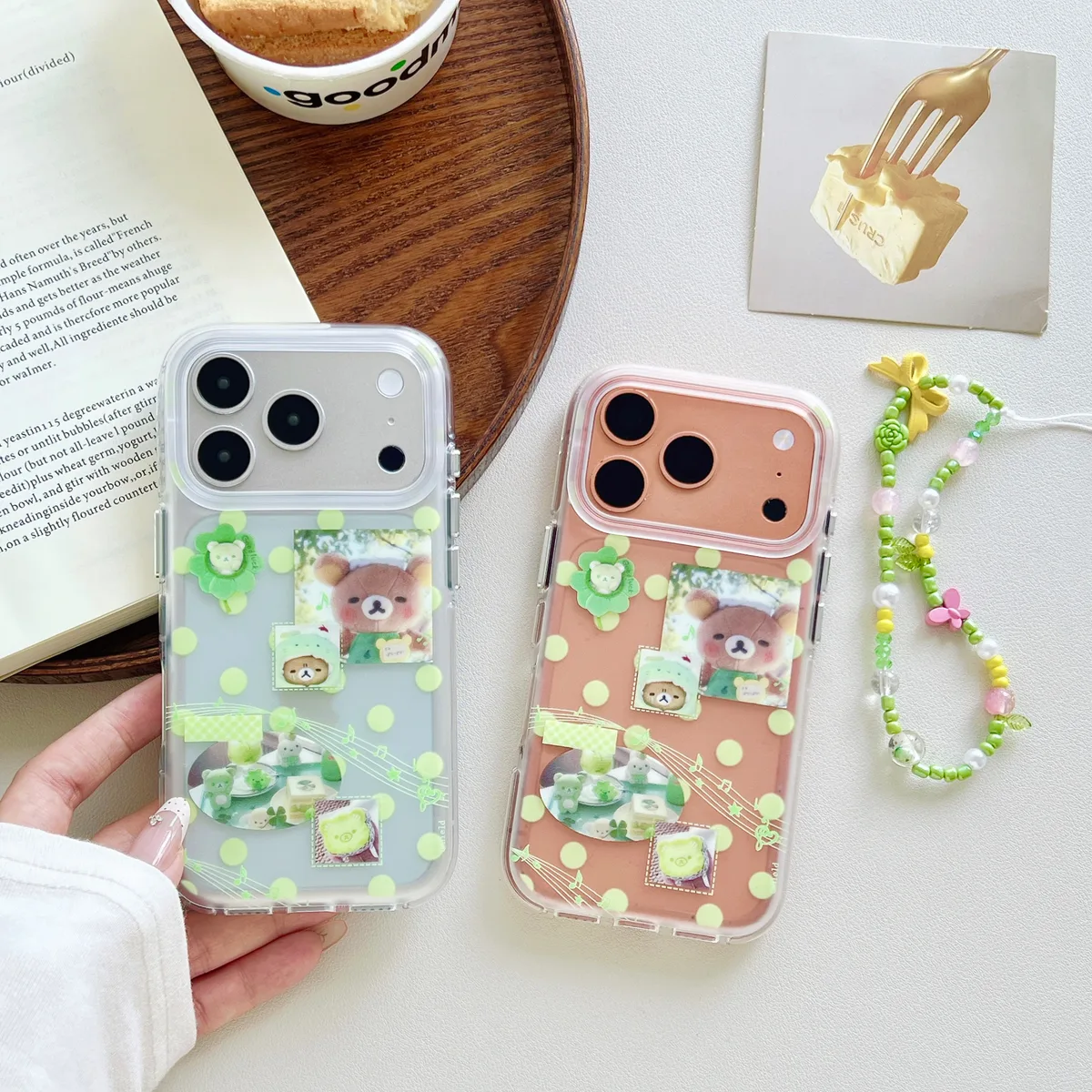 Green Polka Dot Bear & Music Notes Phone Case for iPhone 17 16 15 Pro Max