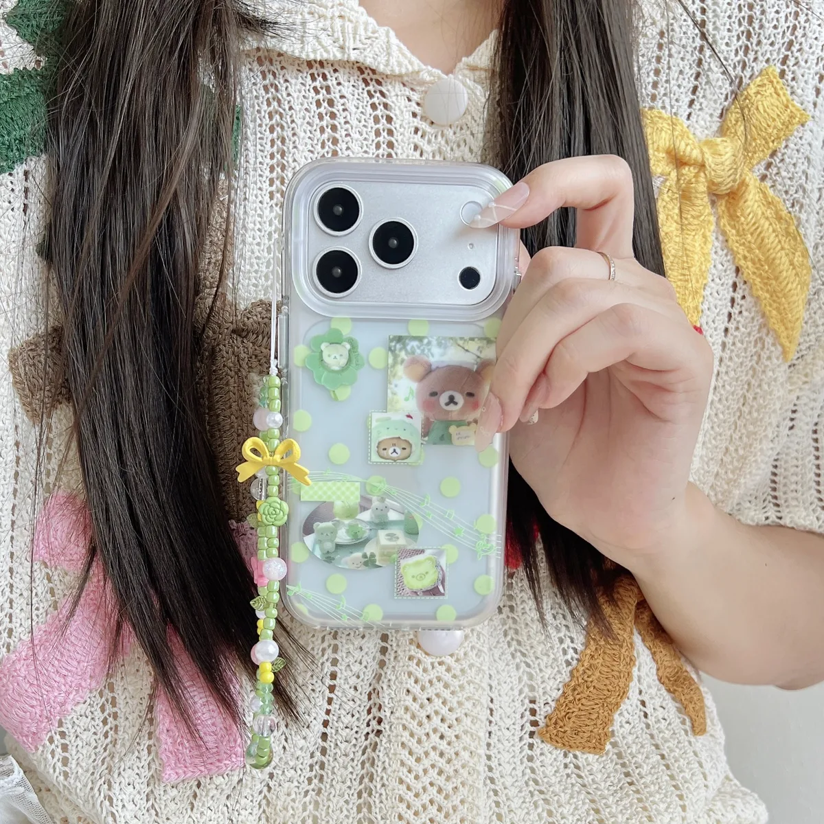 Green Polka Dot Bear & Music Notes Phone Case for iPhone 17 16 15 Pro Max