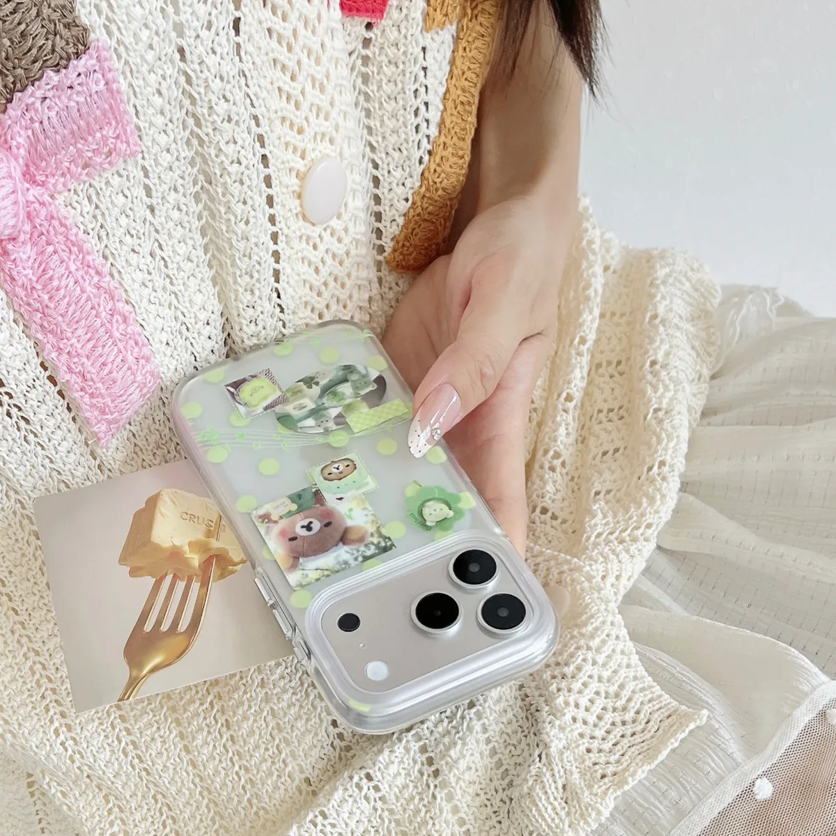 Green Polka Dot Bear & Music Notes Phone Case for iPhone 17 16 15 Pro Max