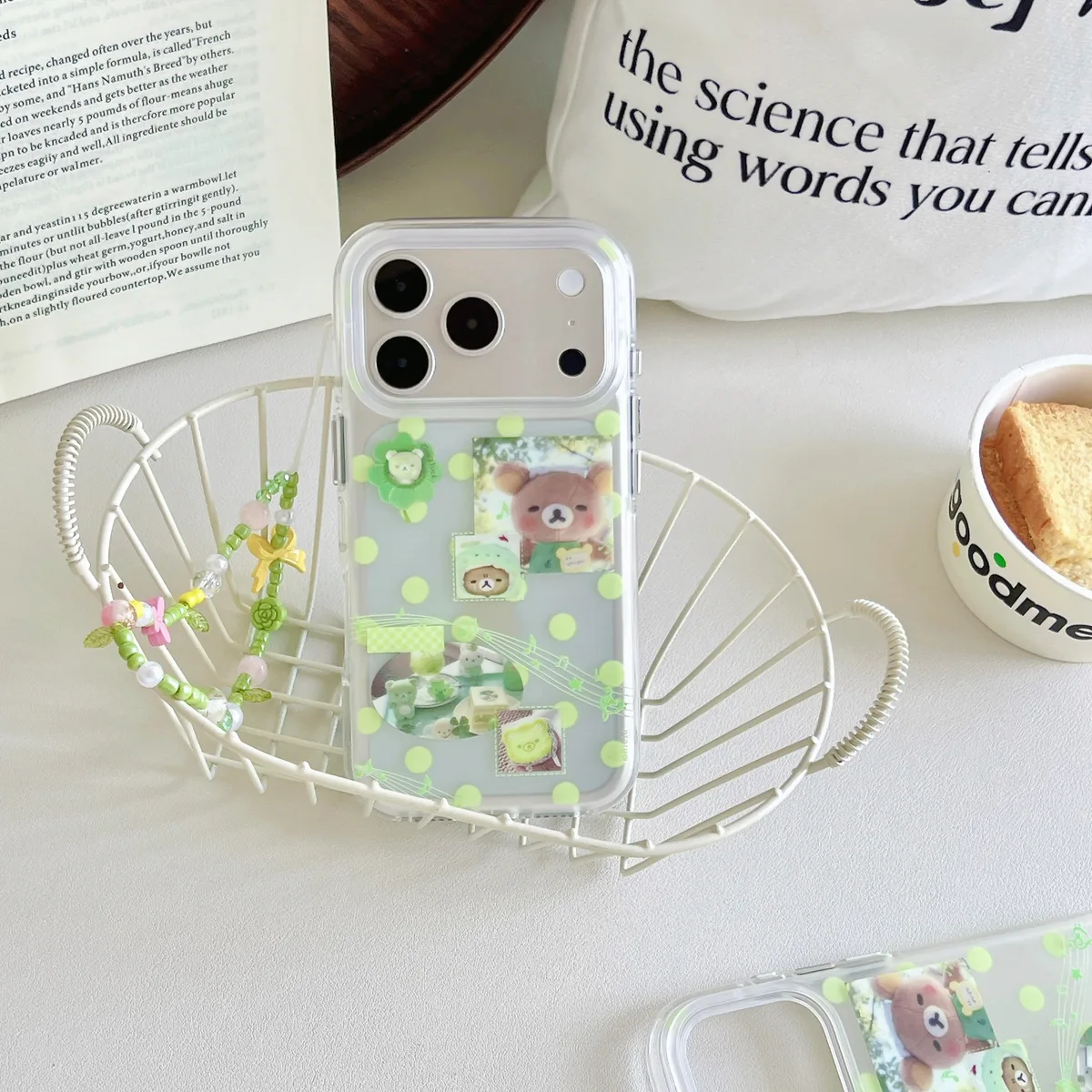 Green Polka Dot Bear & Music Notes Phone Case for iPhone 17 16 15 Pro Max