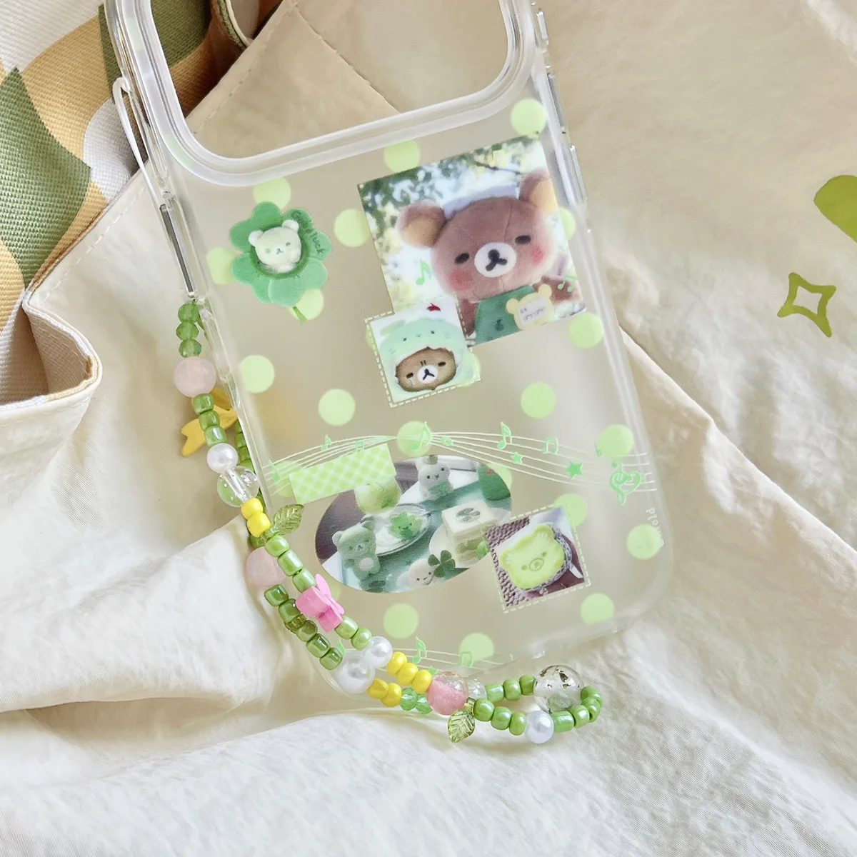 Green Polka Dot Bear & Music Notes Phone Case for iPhone 17 16 15 Pro Max