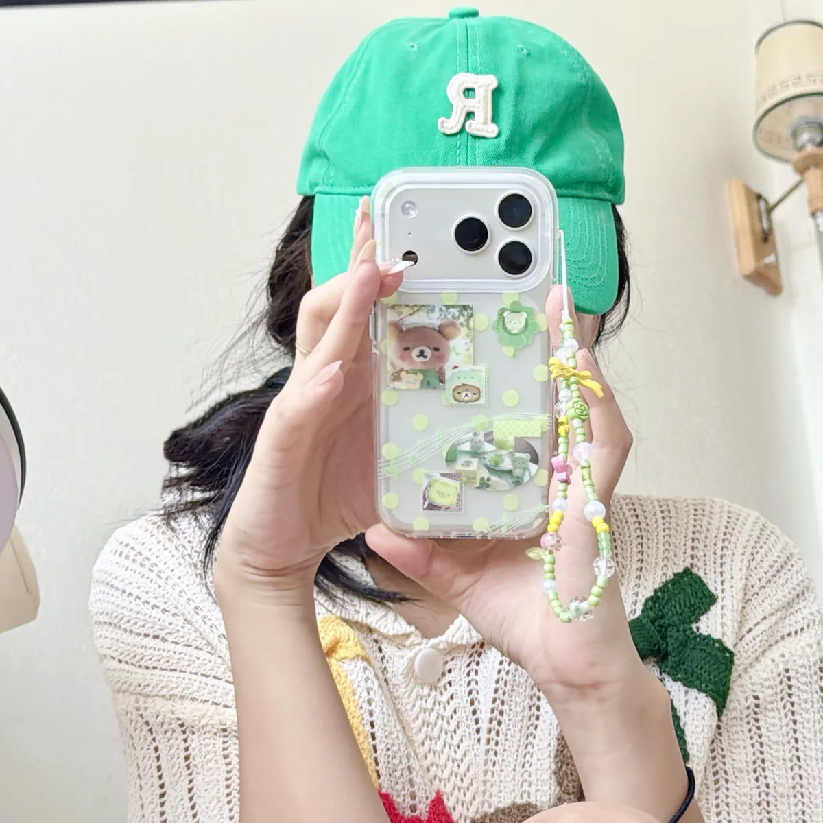 Green Polka Dot Bear & Music Notes Phone Case for iPhone 17 16 15 Pro Max