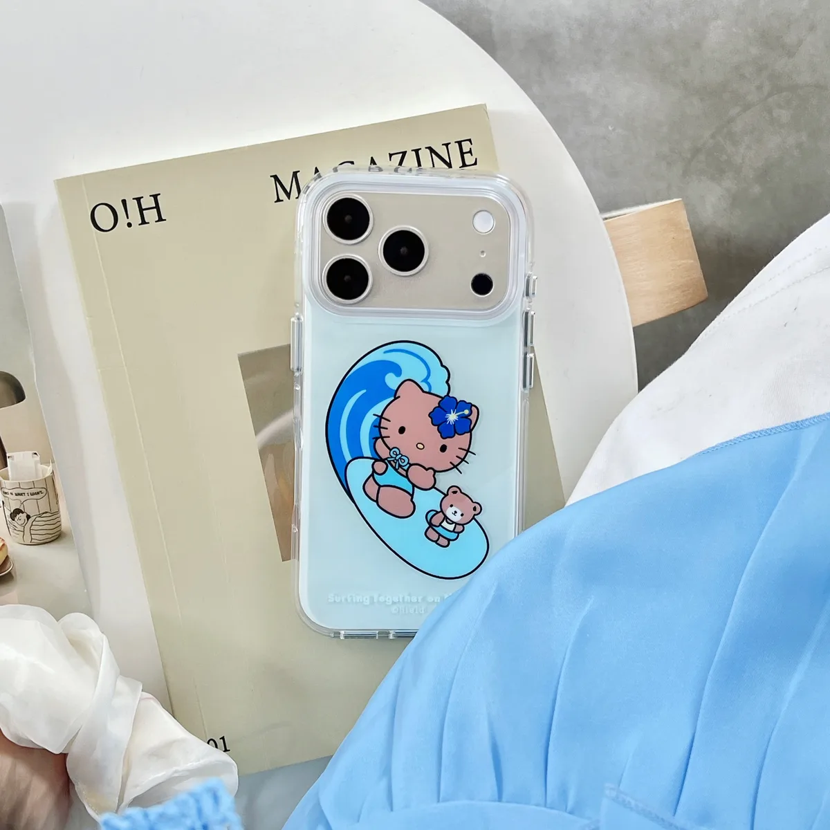 Hello Kitty Surfing Kitty Blue Wave Phone Case with Beaded Strap for iPhone 17 16 15 Pro Max