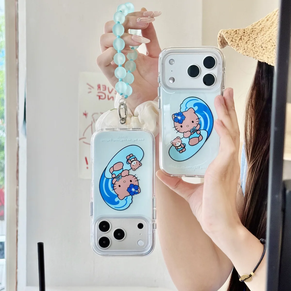 Hello Kitty Surfing Kitty Blue Wave Phone Case with Beaded Strap for iPhone 17 16 15 Pro Max