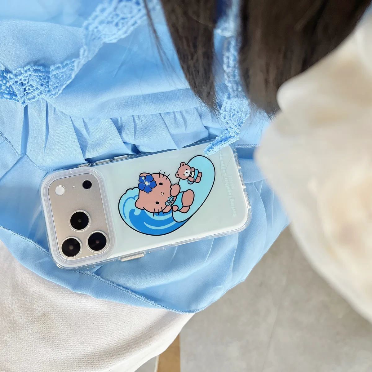 Hello Kitty Surfing Kitty Blue Wave Phone Case with Beaded Strap for iPhone 17 16 15 Pro Max