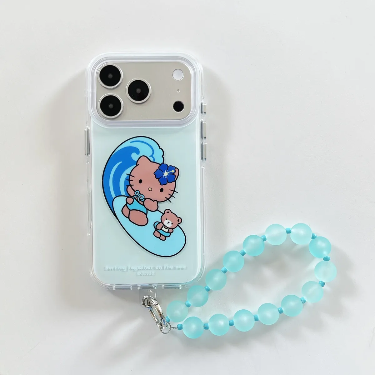 Hello Kitty Surfing Kitty Blue Wave Phone Case with Beaded Strap for iPhone 17 16 15 Pro Max