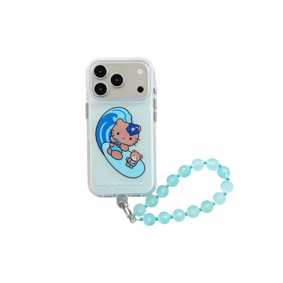 Hello Kitty Surfing Kitty Blue Wave Phone Case with Beaded Strap for iPhone 17 16 15 Pro Max