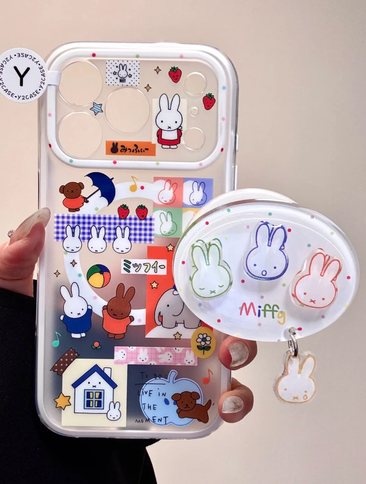 Miffy Kawaii Clear Phone Case + Pop Grip for iPhone 17 16 15 14 13 Pro Max