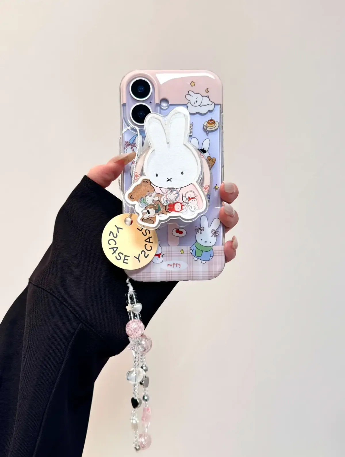 Miffy Pastel Pink Lavender Plaid Charm Strap Phone Case for iPhone 17 16 15 14 13 Pro Max — MagSafe