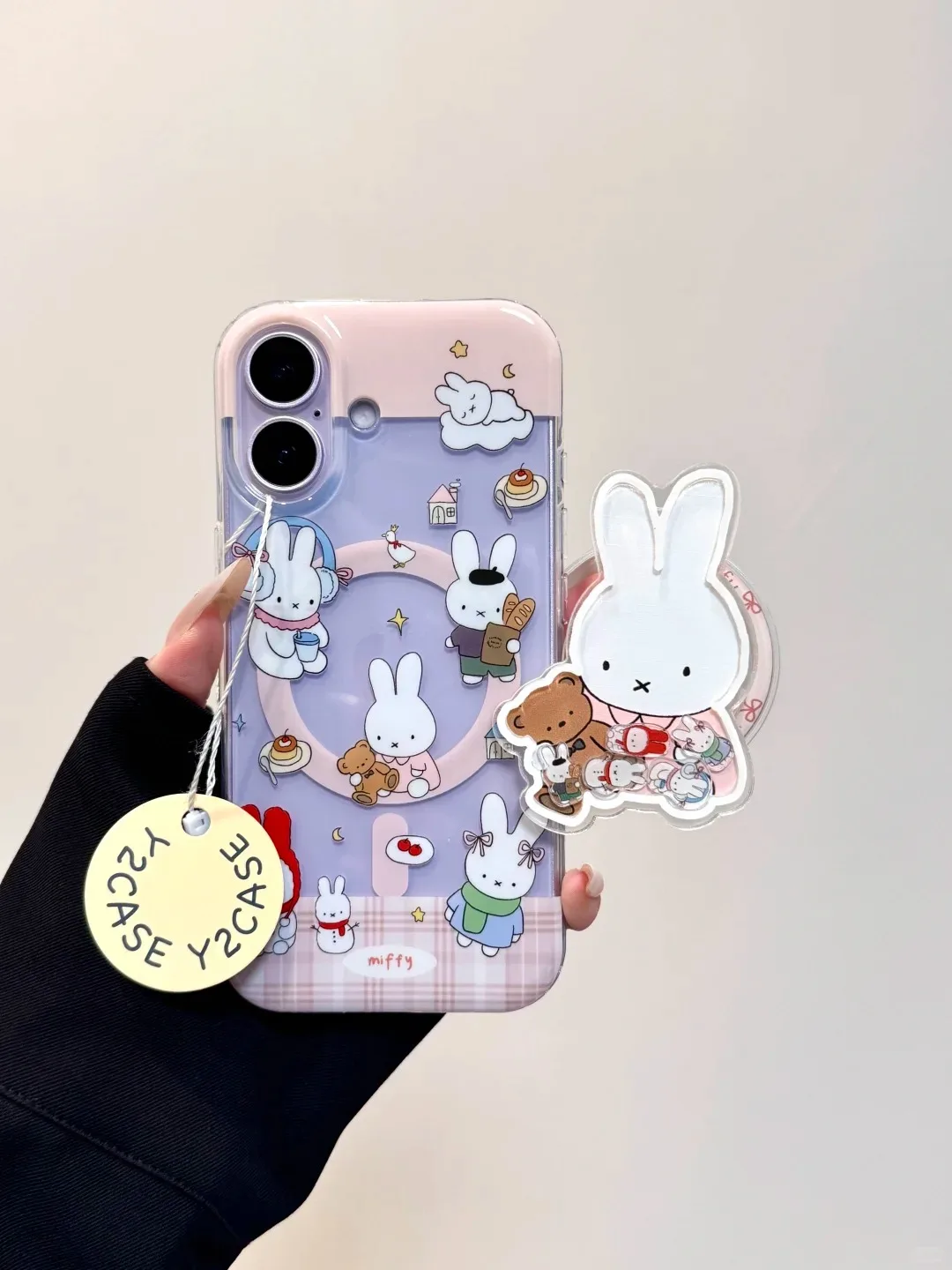 Miffy Pastel Pink Lavender Plaid Charm Strap Phone Case for iPhone 17 16 15 14 13 Pro Max — MagSafe