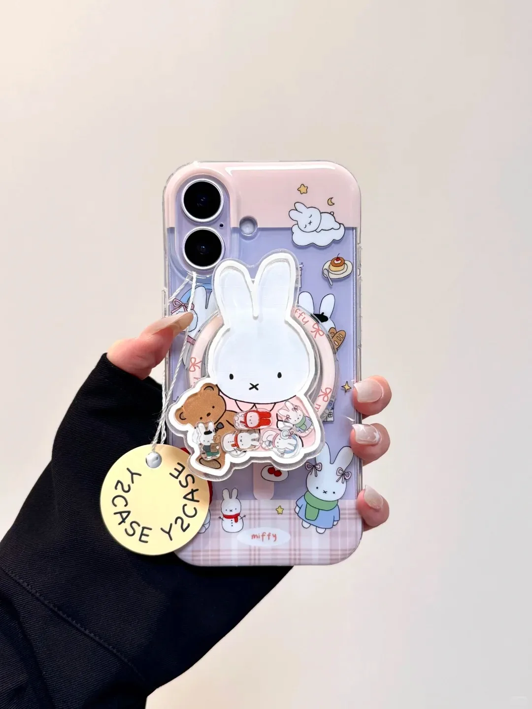 Miffy Pastel Pink Lavender Plaid Charm Strap Phone Case for iPhone 17 16 15 14 13 Pro Max — MagSafe