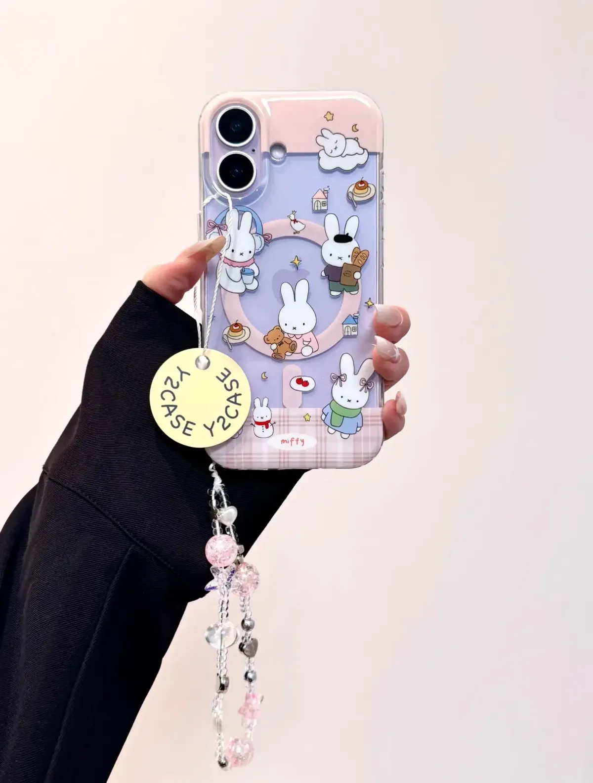 Miffy Pastel Pink Lavender Plaid Charm Strap Phone Case for iPhone 17 16 15 14 13 Pro Max — MagSafe