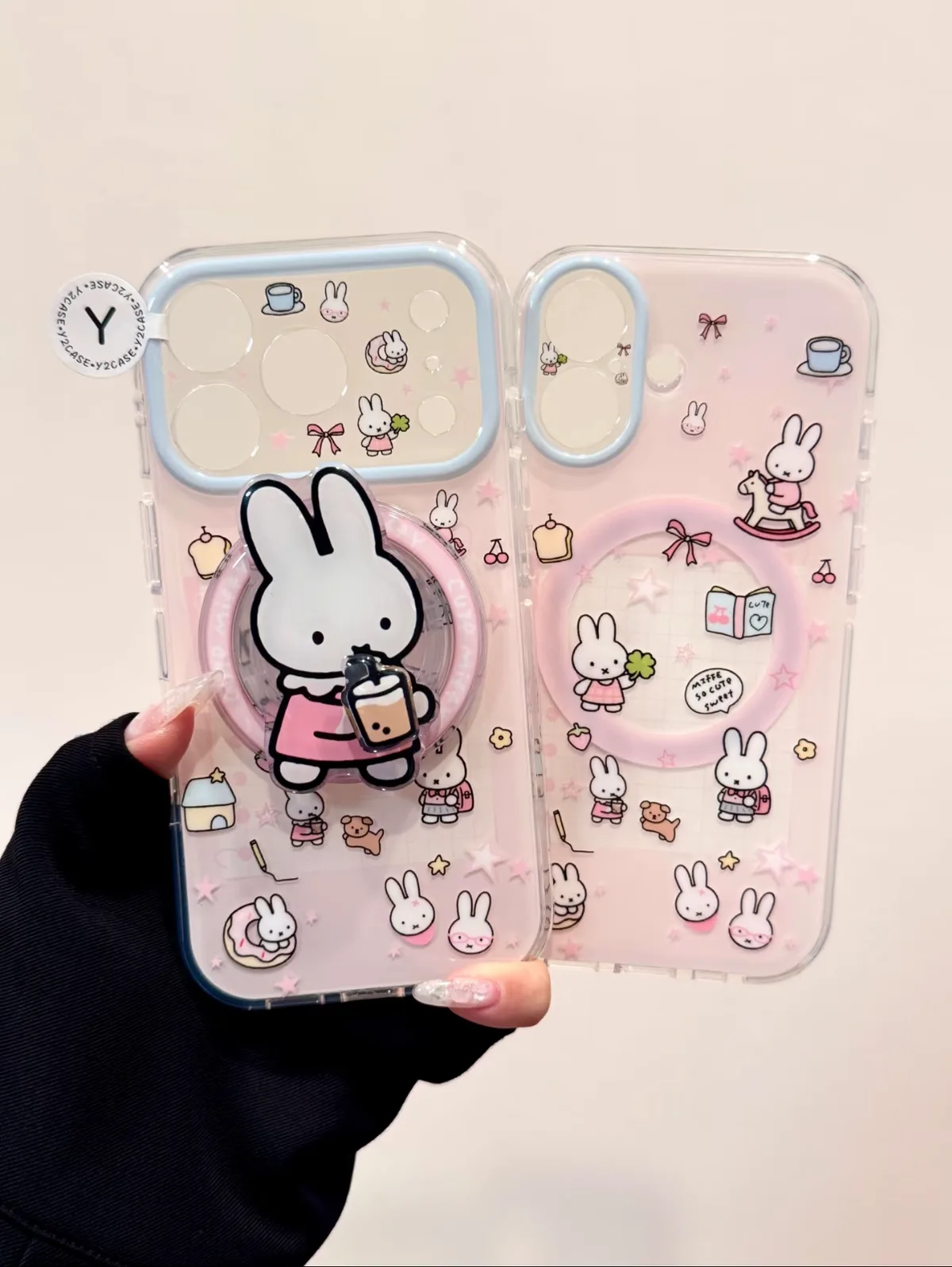 Miffy Pastel Blue Pink Grid With Beaded Strap Phone Case for iPhone 17 16 15 Pro Max — MagSafe