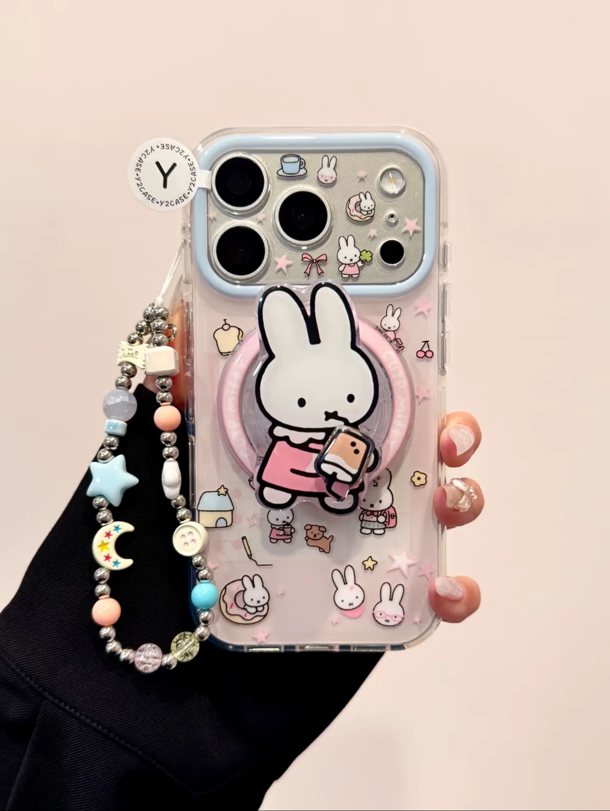 Miffy Pastel Blue Pink Grid With Beaded Strap Phone Case for iPhone 17 16 15 Pro Max — MagSafe