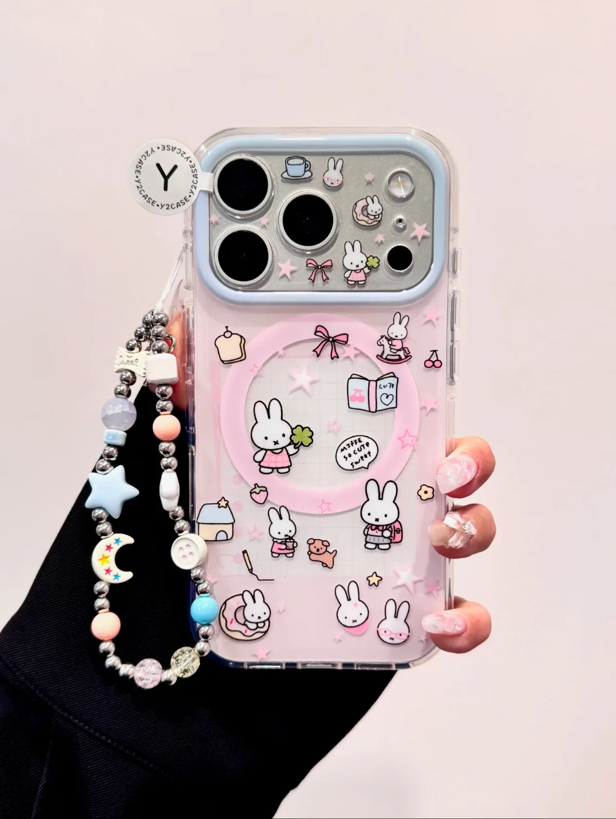 Miffy Pastel Blue Pink Grid With Beaded Strap Phone Case for iPhone 17 16 15 Pro Max — MagSafe